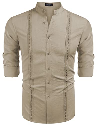 COOFANDY Men's Button Down Shirts Casual Long Sleeve Linen Shirts Summer Beach Shirt Cuban Guayabera Shirts Khaki - Image 4