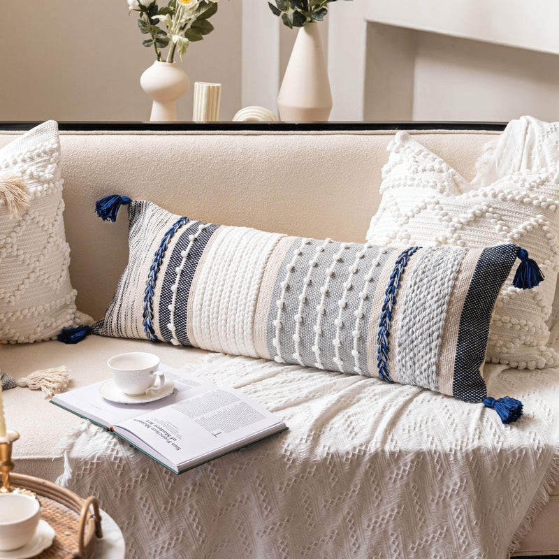 BlissBlush Navy Dark Blue Boho Decorative Lumbar Pillow Cover 14x36, Long Body Pillow for Bed, Accent Lumbar Throw Pillow for Couch, Modern Farmhouse Textured Pillowcase - Image 1