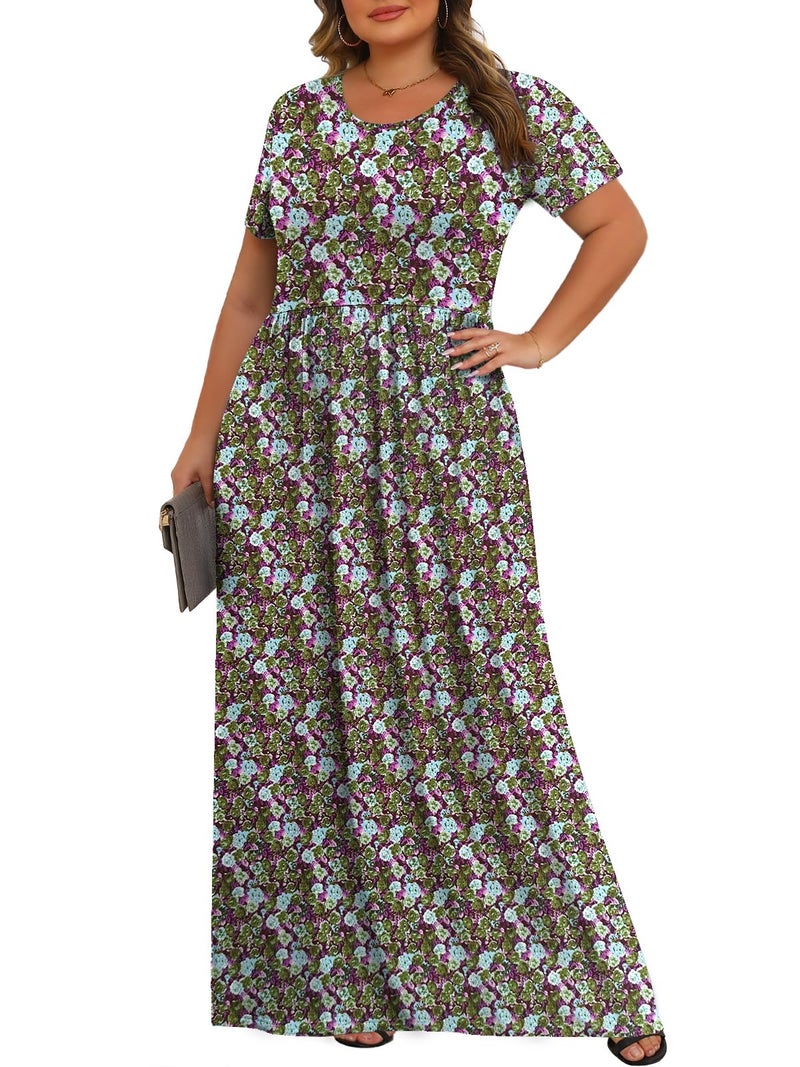 Tencede Womens Plus Size Maxi Dresses Summer 2026 Casual Short Sleeve with Pockets Long Dress Aoyagi 3X - Image 2