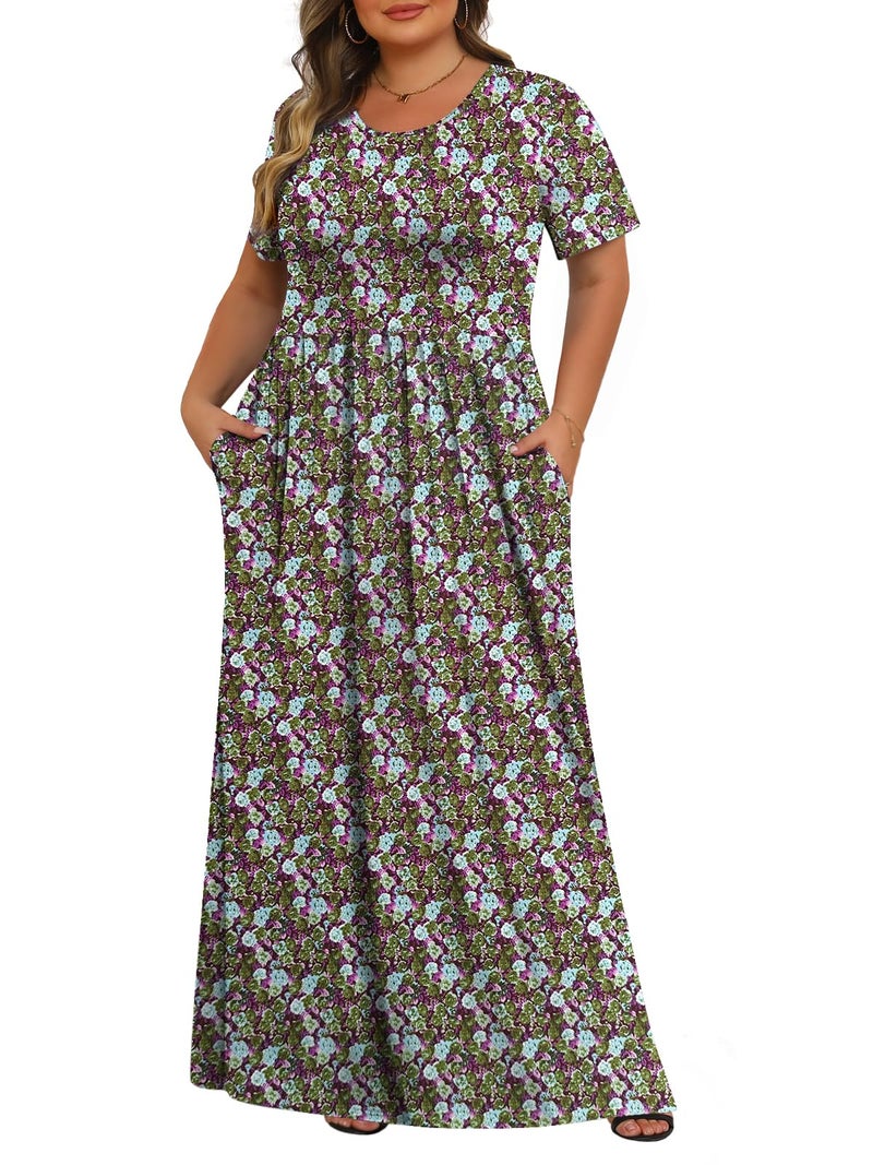 Tencede Womens Plus Size Maxi Dresses Summer 2026 Casual Short Sleeve with Pockets Long Dress Aoyagi 3X - Image 1