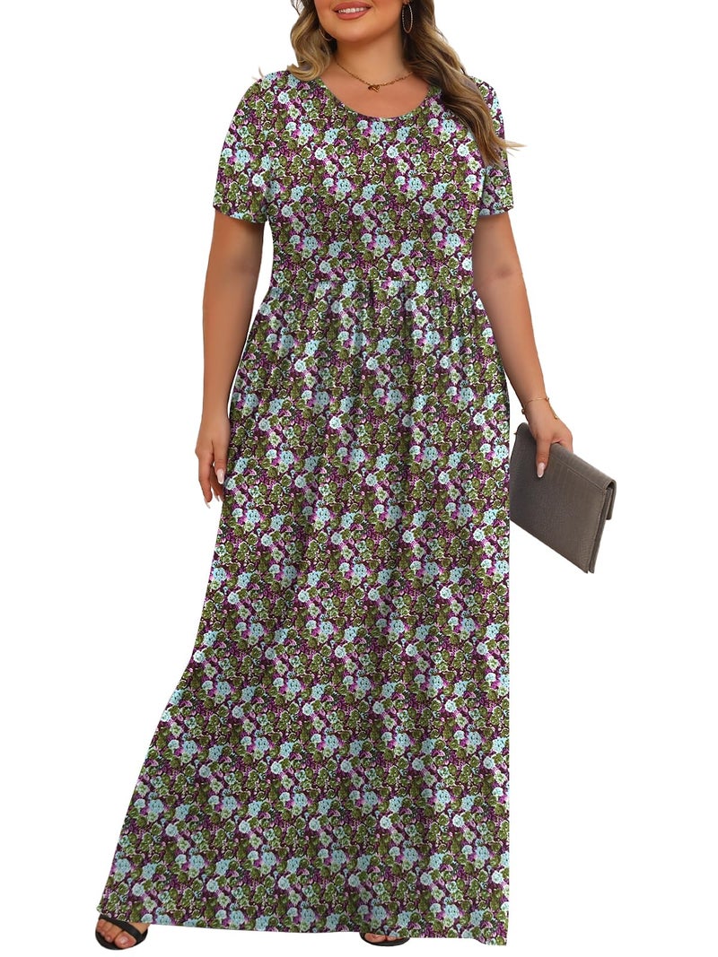 Tencede Womens Plus Size Maxi Dresses Summer 2026 Casual Short Sleeve with Pockets Long Dress Aoyagi 3X - Image 3