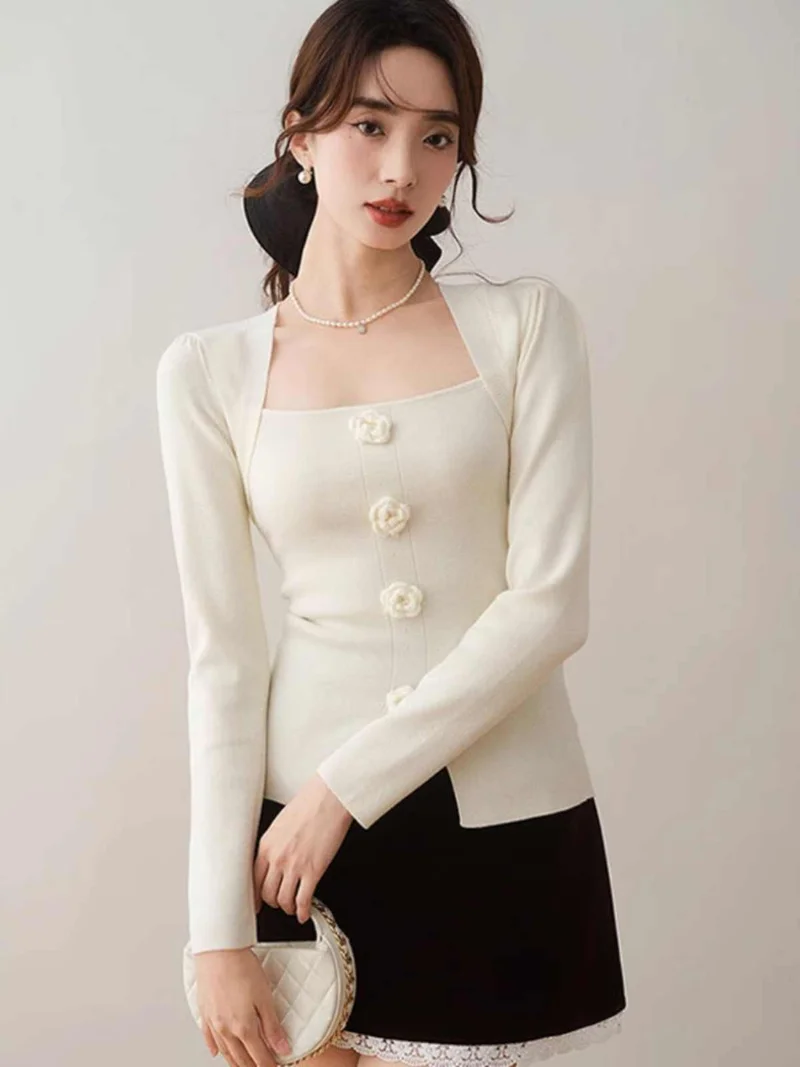OUTZIDR White Full Sleeve Square Neck Flower Trim Top