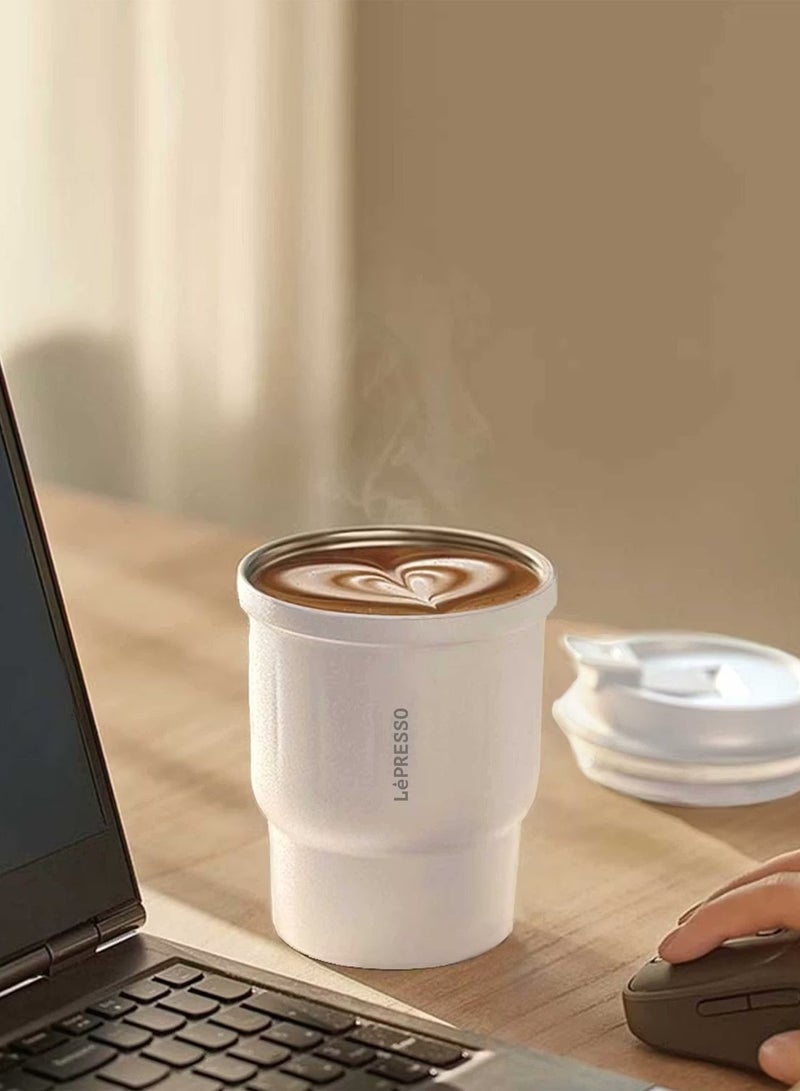 ليبرسو كوب قهوة معزول من Lepresso للمشروبات الساخنة والباردة، سعة 450 مل، مصنوع من الفولاذ المقاوم للصدأ، تقنية Thermo Brew، طبقة داخلية 316 وطبقة خارجية 304، يحافظ على الدفء لمدة 8 ساعات ويحافظ على البرودة لمدة 10 ساعات - أبيض - Image 4