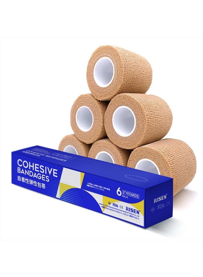 Risen Cohesive Bandage 2” x 5 Yards, 6 Rolls, Self Adherent Wrap Medical Tape, Adhesive Flexible Breathable First Aid Gauze Ideal for Stretch Athletic - Image 1