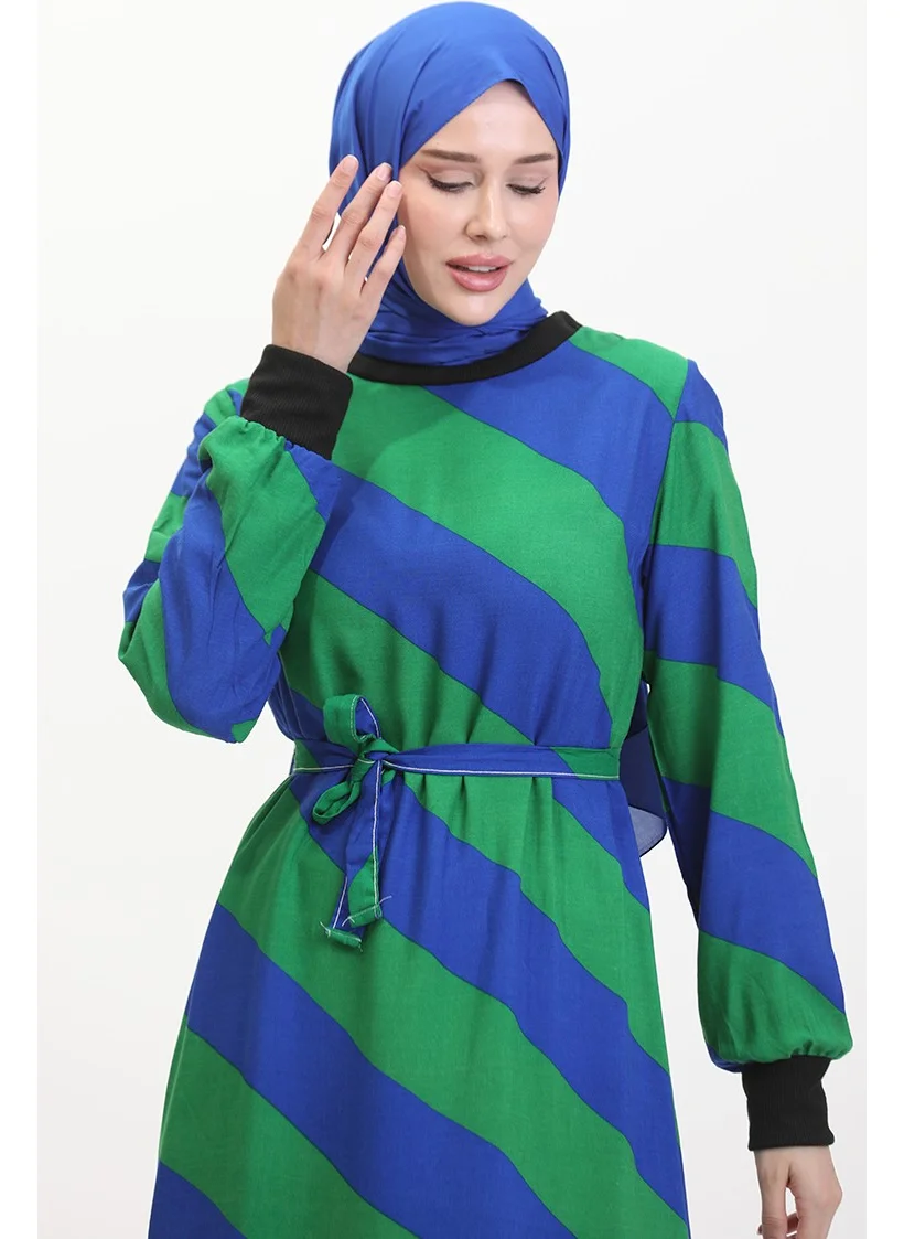 Sefa Merve Geometric Patterned Belted Viscose Dress 0460-02 Saks Green