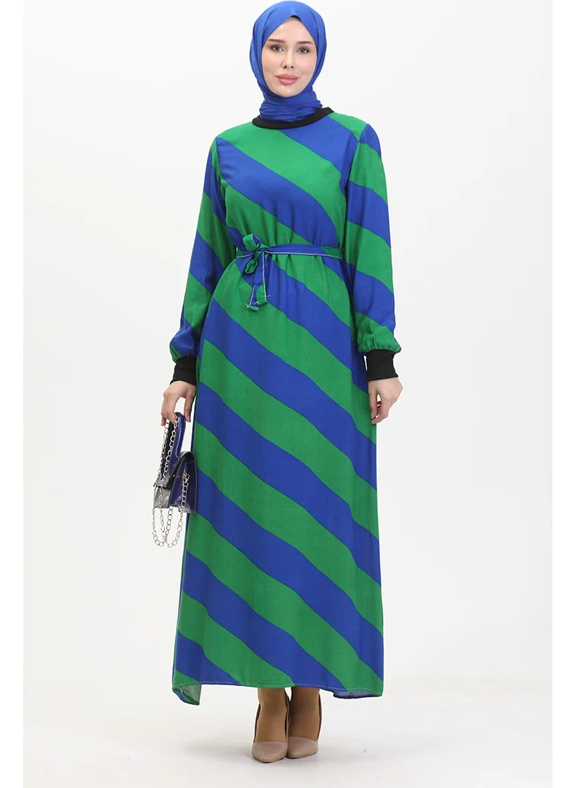 Sefa Merve Geometric Patterned Belted Viscose Dress 0460-02 Saks Green