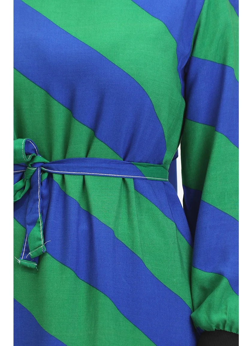 Sefa Merve Geometric Patterned Belted Viscose Dress 0460-02 Saks Green