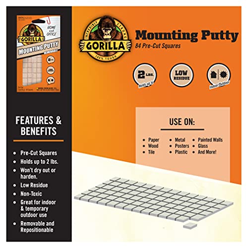 Gorilla Mounting Putty, Natural Tan Color, 84 Pre-Cut Squares (Pack of 8) - Non-Toxic Removable & Repositionable Wall Putty - Image 2