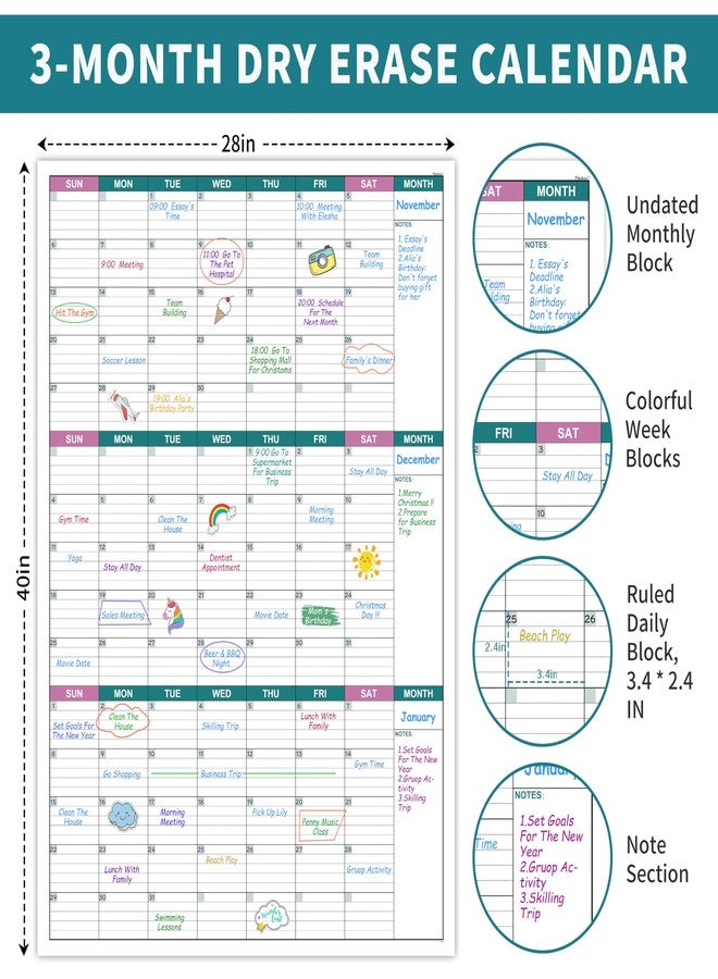 Pinchoco Large Dry Erase Calendar for Wall - Undated 3 Month Wall Calendar, 28" x 40"(Vertical), Wall Calendar Dry Erase for Home, Office, Classroom - Image 3
