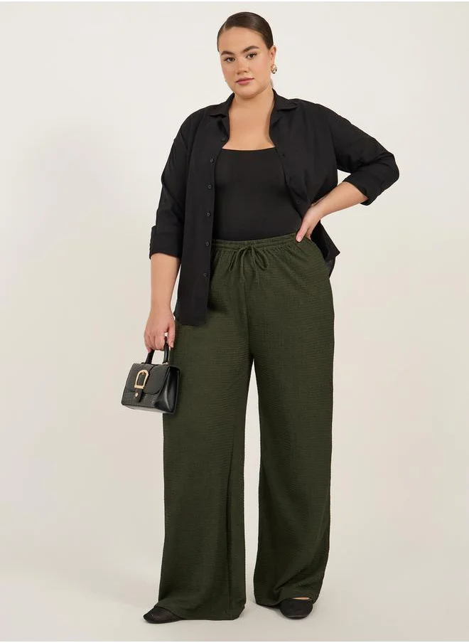 Styli Plus Size Textured Wide Leg Trousers with Drawstring