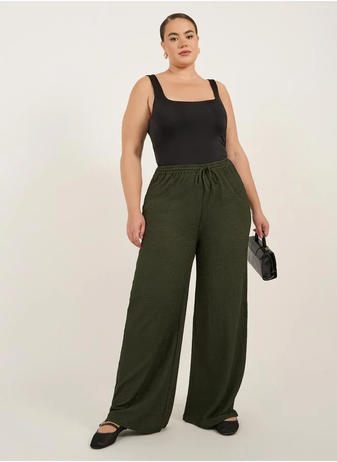 Styli Plus Size Textured Wide Leg Trousers with Drawstring