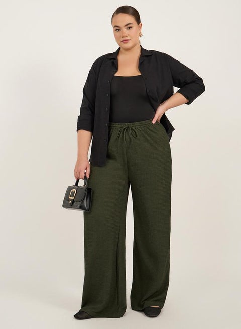 Plus Size Textured Wide Leg Trousers with Drawstring
