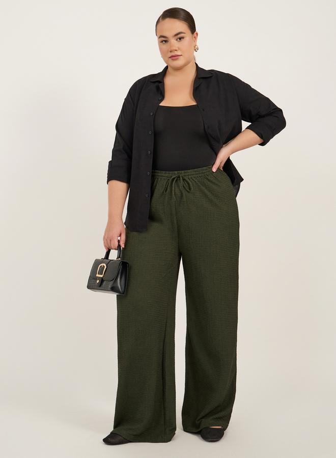 Plus Size Textured Wide Leg Trousers with Drawstring