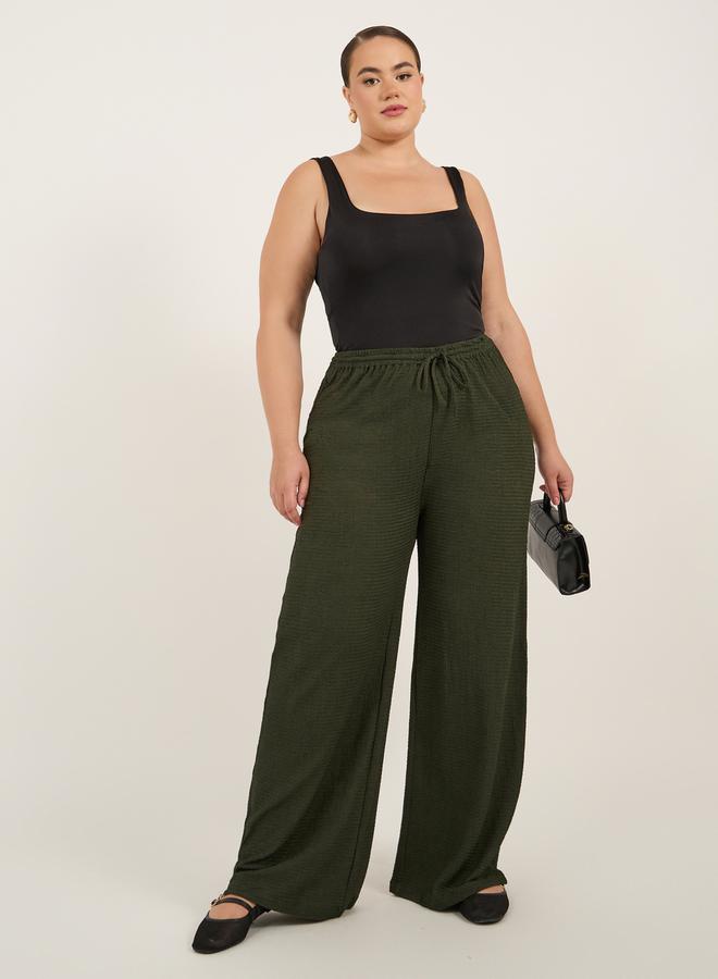 Plus Size Textured Wide Leg Trousers with Drawstring