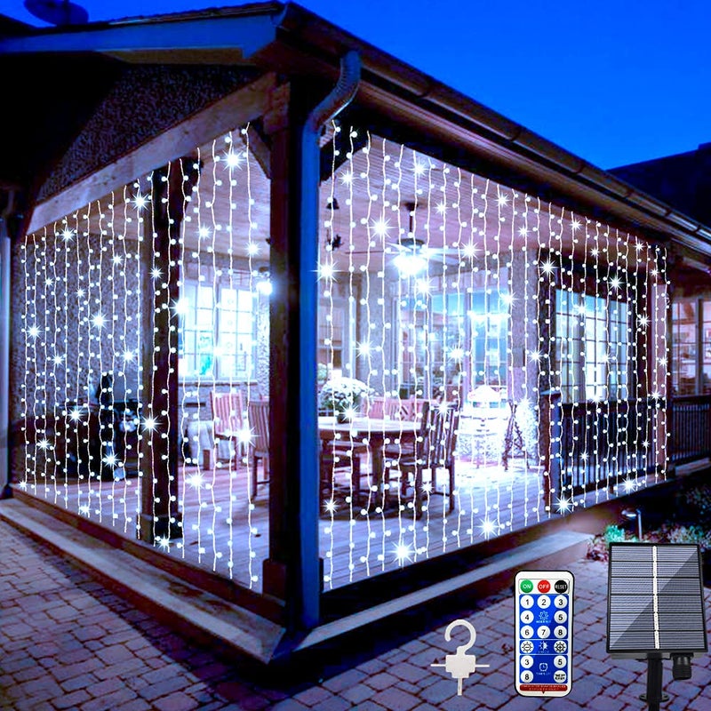 Whywhife Solar Curtain Lights Outdoor Garden 300 LED Fairy String Lights 8 Modes Remote Control Waterproof Waterfall Lights for Gazebo Patio Home Festival Wedding Wall Christmas DecorationsWhite