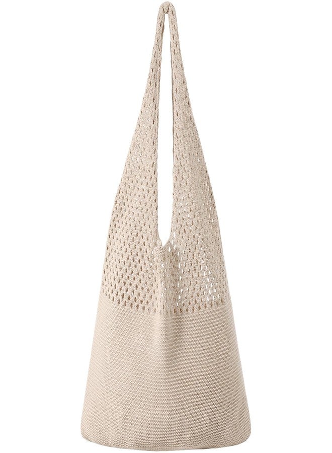 Premillow Crochet Beach Tote Bags, Stylish Mesh Beach Bags Shoulder Bag for Women, Cute Summer Vacation Boho Tote Bag, Beige-flower, 13.2 x 7 x 22.8 inches - Image 1