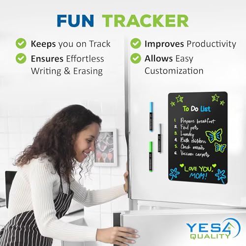 YES4QUALITY Magnetic Black Dry Erase Board for Fridge (17 x 11 inch), Stain-Resistant w/ 3 Magnetic, Fine-Tip Neon Chalk Markers & Eraser by Yes4Quality - Image 2