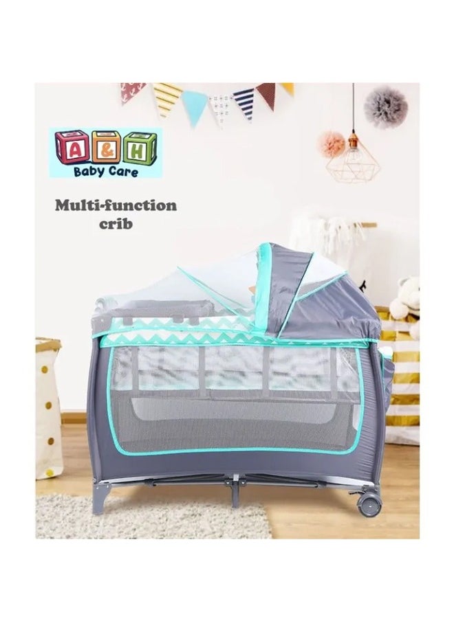 Arabest - Foldable Baby Crib and Playpen,2 Layer Baby Bed with Diaper Table ,Mosquito Net and Hanging Toys Storage Bag,3-in-1 Folding Bed,Suitable for Newborn and Toddler(Green) - Image 1