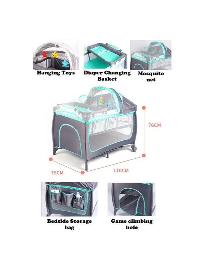 Arabest - Foldable Baby Crib and Playpen,2 Layer Baby Bed with Diaper Table ,Mosquito Net and Hanging Toys Storage Bag,3-in-1 Folding Bed,Suitable for Newborn and Toddler(Green) - Image 1