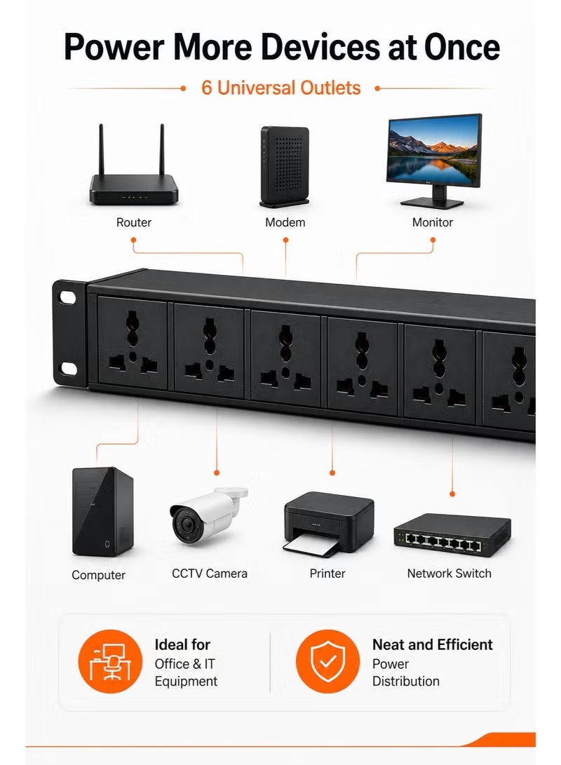 PDU 6 WAY rack-mounted 6-unit 13A UK Plug PDU Power Strip Network Cabinet Rack Standard Outlet Switch Supply Power Distribution Aluminum - Black Color - Image 2