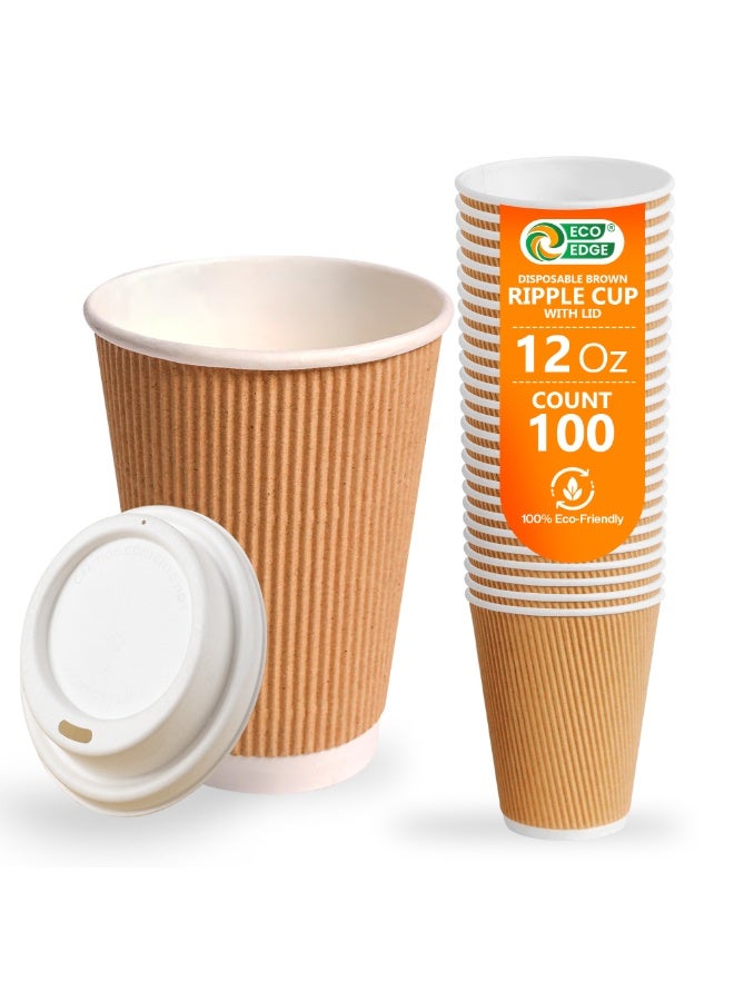 EcoEdge 12 Oz Disposable Heavy-Duty Triple Wall Cups (Pack of 100) | For Tea, Juice and Water | Recyclable, Durable, Fancy | For Travel, B’day Parties, Offices, Hotels, Daily Use | 100% Biodegradable - Image 1