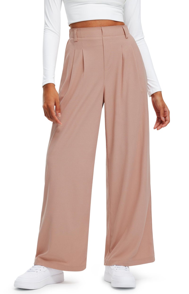 Libin Womens Wide Leg Pants 29 High Waisted Waffle Knit Casual Work Dress Pants Business Palazzo Trousers with Pockets Pink L