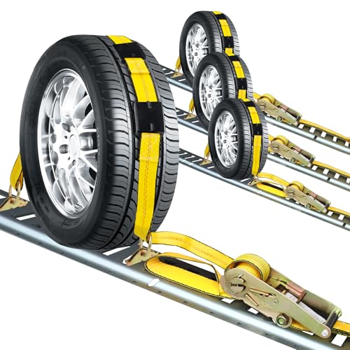 Autofonder E Track Tire Straps for Trailer Heavy Duty 2" x 10' Auto Hauler Strap-10,000lb Guaranteed Break Strength-(4) Premium Vehicle Tie Down Kit with Rubber Blocks Wheel Tie-Downs for Truck, UTV - Image 1