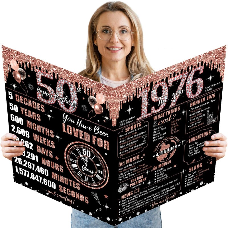 Uiorgui Large 50th Birthday Card for Women with Envelope, Black Rose Gold Happy 50th Birthday Guest Book Gifts Jumbo Fifty Greeting Card Back in 1975 Decorations Party Supplies - Image 1