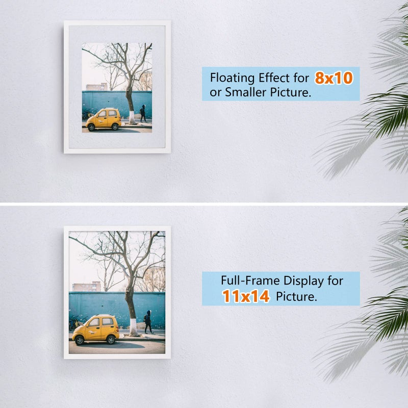 DLQuarts 11x14 Floating Photo Picture Frame, Floating Display for Photos 8x10, 7x9, 5x7, 8.5x11 Certificate, or Full Display for 11x14 Photos, Solid Wood, Double Glass, 2 Pack, Chalk White - Image 2