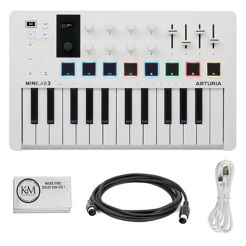 Arturia MiniLab 3 Compact MIDI Keyboard and Pad Controller White Bundle with 6ft MIDI Cable Microfiber Cleaning Cloth 3 Item