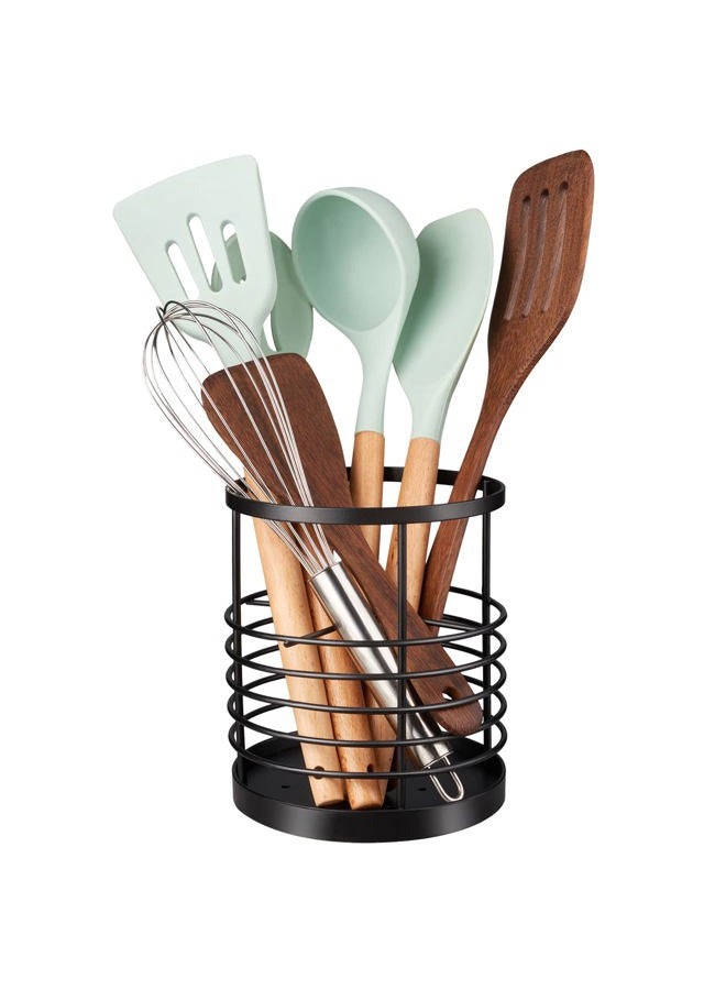 RedCall Utensil Holder for Kitchen Counter,Cooking Utensil Holder for Spatula Spoon,Wire Utensil Organizer,Metal Stainless Steel Round Utensil Caddy Crock Flatware Storage for Countertop (Black) - Image 1