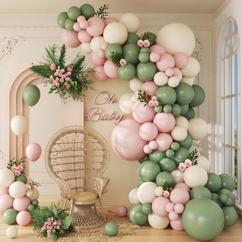 awenztech 141pcs Pink and Green Balloon Arch Garland Kit with Sage Green Pastel Pink Sand White Balloons for Birthday Bridal Shower Party Boho Baby in Bloom Baby Shower Decorations - Image 1