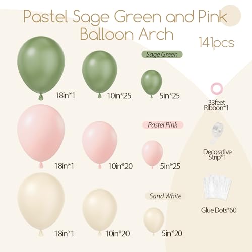 awenztech 141pcs Pink and Green Balloon Arch Garland Kit with Sage Green Pastel Pink Sand White Balloons for Birthday Bridal Shower Party Boho Baby in Bloom Baby Shower Decorations - Image 5
