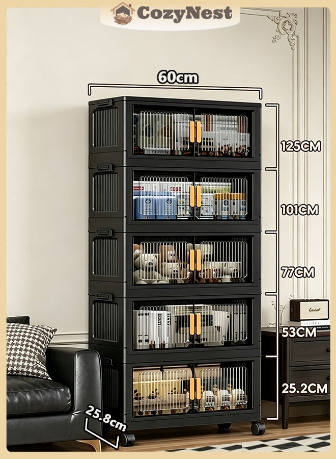 CozyNest 5-Tier 60cm Wide  Foldable Storage Multifunctional Double Door Installation Free Storage Bins Cabinet with Wheels Freestanding Stackable Drawer Cabinet for Home,Office,Bedroom,Living Room,Study - Image 1