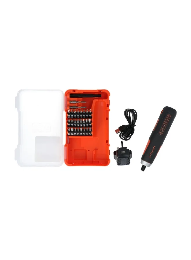 BLACK+DECKER 3.6V Cordless Screwdriver with 30 Accessories and USB Charger Black and Orange 6.35 mm BD40K27-B5