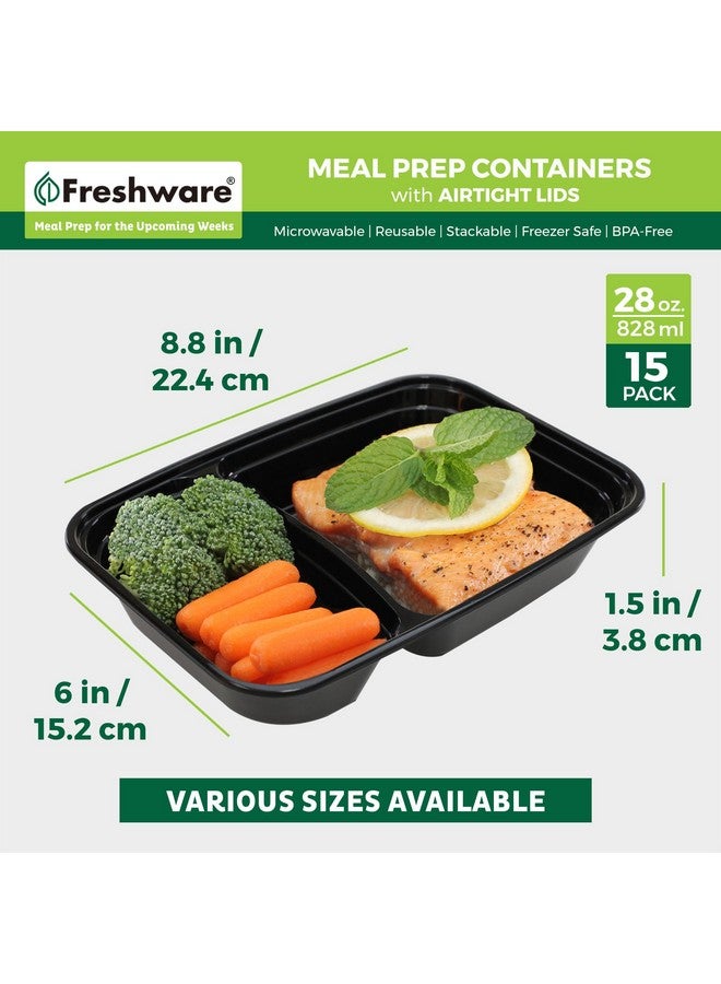Freshware Meal Prep Containers [15 Pack] 2 Compartment with Lids, Food Storage Containers, Bento Box, BPA Free, Stackable, Microwave/Dishwasher/Freezer Safe (28 oz), Black - Image 3