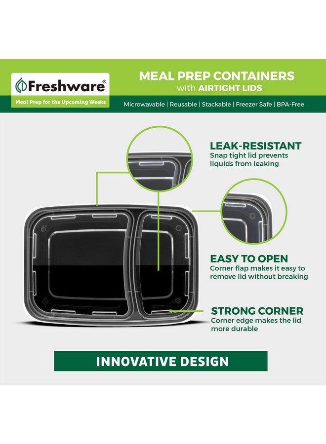 Freshware Meal Prep Containers [15 Pack] 2 Compartment with Lids, Food Storage Containers, Bento Box, BPA Free, Stackable, Microwave/Dishwasher/Freezer Safe (28 oz), Black - Image 4