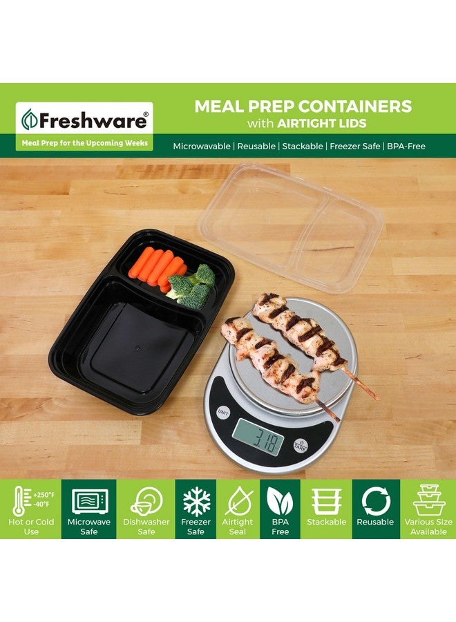 Freshware Meal Prep Containers [15 Pack] 2 Compartment with Lids, Food Storage Containers, Bento Box, BPA Free, Stackable, Microwave/Dishwasher/Freezer Safe (28 oz), Black - Image 1