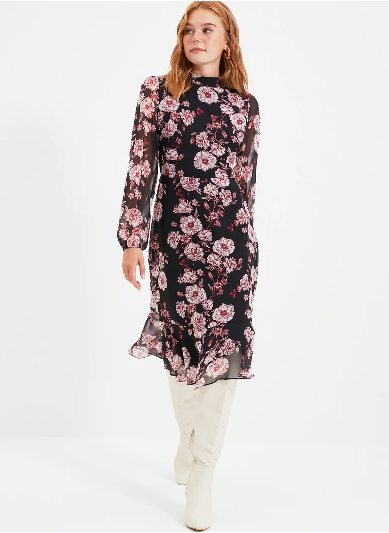 trendyol Floral Print Mesh Sleeve Dress