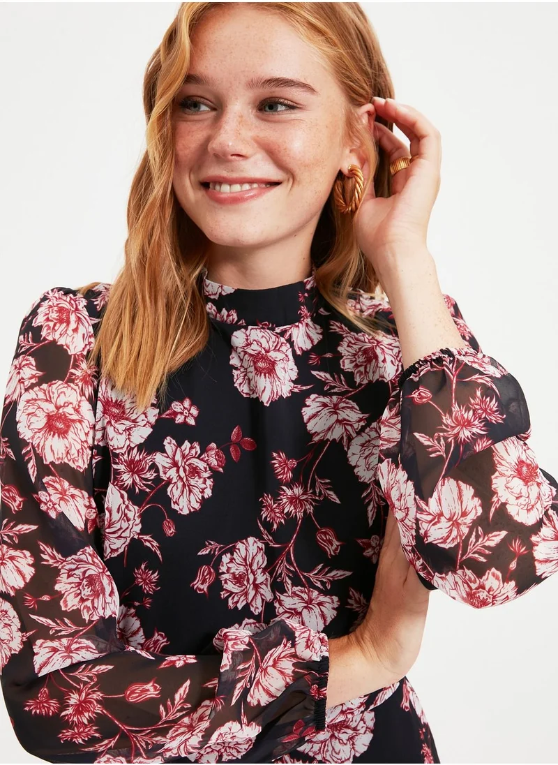 trendyol Floral Print Mesh Sleeve Dress