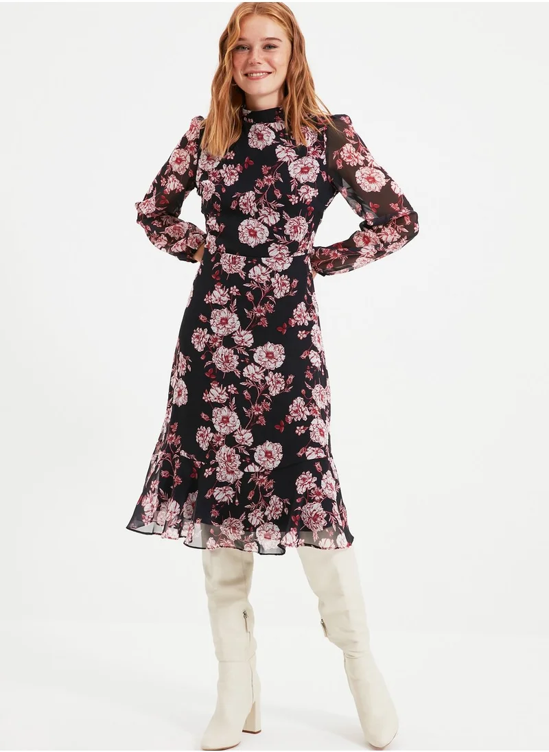 trendyol Floral Print Mesh Sleeve Dress
