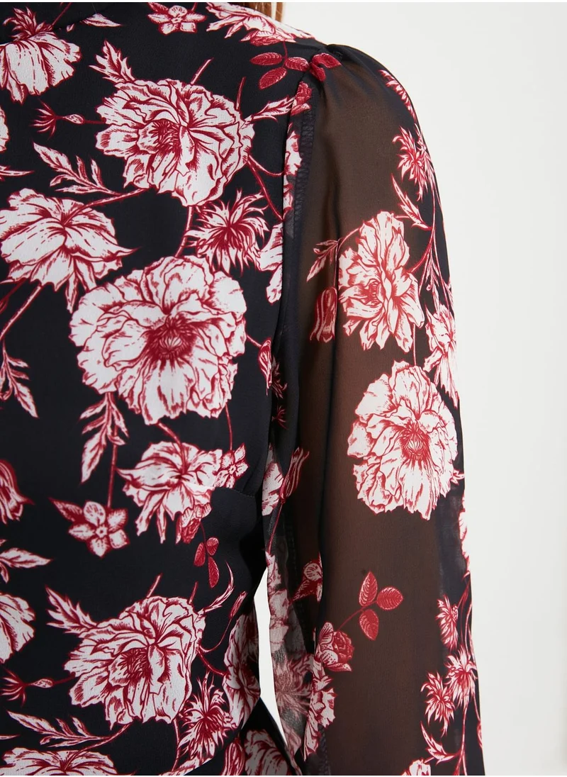 trendyol Floral Print Mesh Sleeve Dress