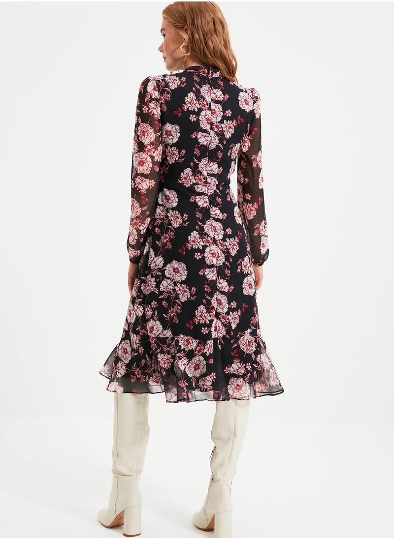 trendyol Floral Print Mesh Sleeve Dress