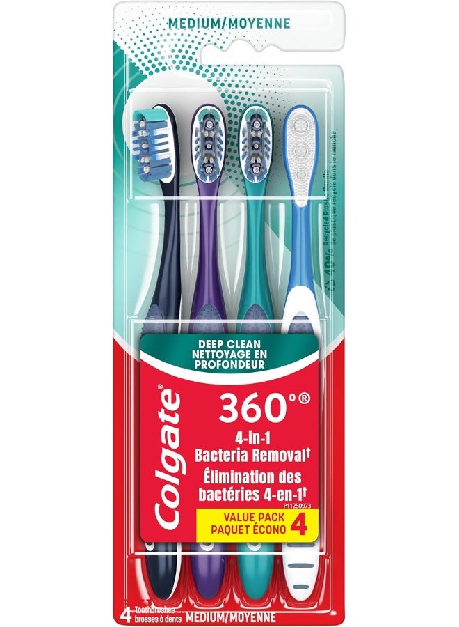 Colgate 360 Whole Mouth Clean, Medium Toothbrush for Adults, 4 Pack, Packaging May Vary - Image 1