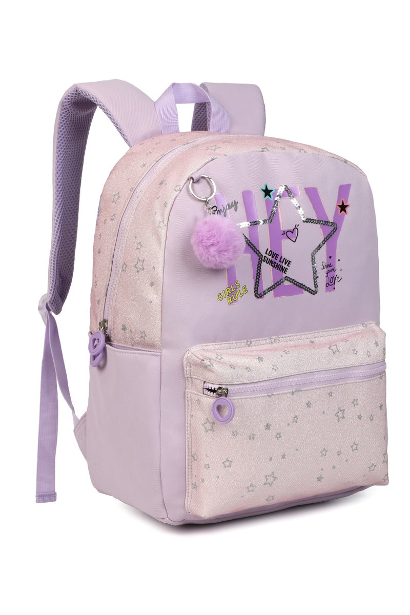 Girls 3-Piece School Bag Set – Lavender Backpack with Star Print, Fluffy Keychain, Matching Lunch Bag & Pencil Case – Lightweight & Durable for Kids, Primary School - Image 3
