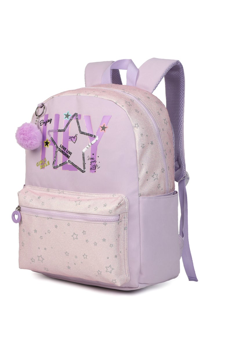 Girls 3-Piece School Bag Set – Lavender Backpack with Star Print, Fluffy Keychain, Matching Lunch Bag & Pencil Case – Lightweight & Durable for Kids, Primary School - Image 2