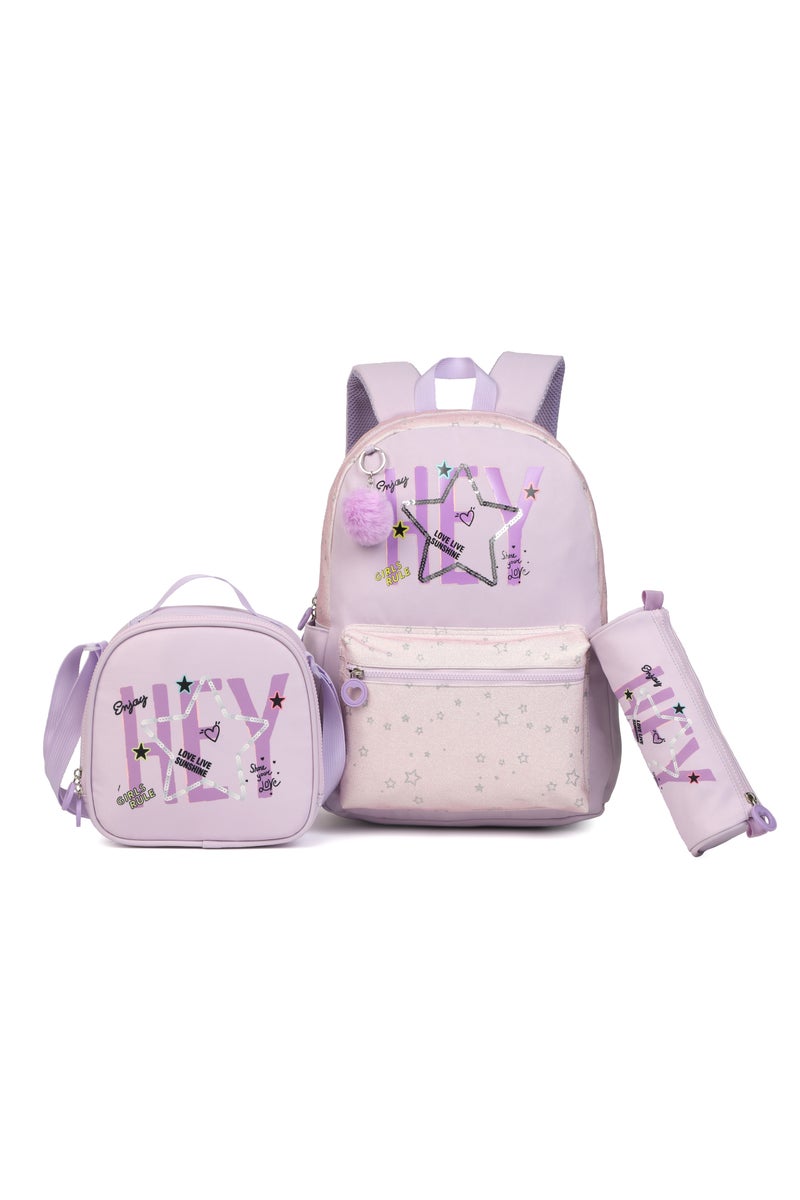 Girls 3-Piece School Bag Set – Lavender Backpack with Star Print, Fluffy Keychain, Matching Lunch Bag & Pencil Case – Lightweight & Durable for Kids, Primary School - Image 1