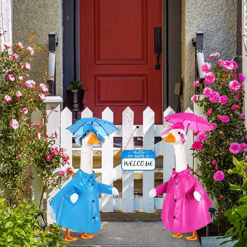 Yeyeplum 2 Set Porch Goose Outfit Raincoat and Umbrella Spring Lawn Porch Goose Cloths Costume Raincoat Outfit for Spring Outdoor Patio Yard Lawn Decoration(23 Inches,Blue and Rose Red) - Image 5