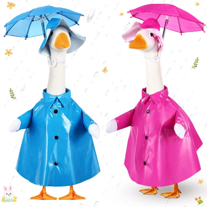 Yeyeplum 2 Set Porch Goose Outfit Raincoat and Umbrella Spring Lawn Porch Goose Cloths Costume Raincoat Outfit for Spring Outdoor Patio Yard Lawn Decoration(23 Inches,Blue and Rose Red) - Image 1