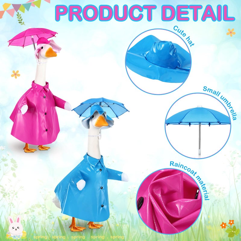 Yeyeplum 2 Set Porch Goose Outfit Raincoat and Umbrella Spring Lawn Porch Goose Cloths Costume Raincoat Outfit for Spring Outdoor Patio Yard Lawn Decoration(23 Inches,Blue and Rose Red) - Image 3